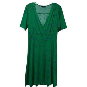 ava the brand Medium Green and Blue Floral Faux Wrap Deep V Neck Midi Dress O